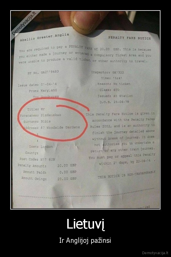 lietuviai, anglijoje,baudos, kvitas