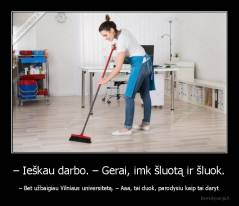 – Ieškau darbo. – Gerai, imk šluotą ir šluok. - – Bet užbaigiau Vilniaus universitetą. – Aaa, tai duok, parodysiu kaip tai daryt