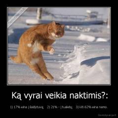  Ką vyrai veikia naktimis?: - 1) 17% eina į šaldytuvą;   2) 21% - į tualetą;   3) kiti 62% eina namo.