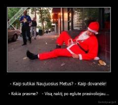- Kaip sutikai Naujuosius Metus? - Kaip dovanėlė!  - - Kokia prasme?   - Visą naktį po eglute prasivoliojau...