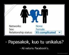- Papasakok, kuo tu unikalus? - - Aš neturiu Facebook'o.