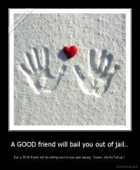 A GOOD friend will bail you out of jail.. - But a TRUE friend will be sitting next to you and saying: "Damn..We fuc*ed up!"