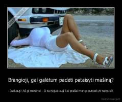 Brangioji, gal galėtum padėti pataisyti mašiną? - - Juokauji! Aš gi moteris! - O tu nejuokauji kai prašai manęs sutvarkyti namus?!
