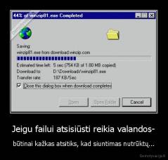 Jeigu failui atsisiūsti reikia valandos- - būtinai kažkas atsitiks, kad siuntimas nutrūktų...