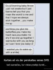 Kartais aš vis dar perskaitau senas SMS - kad suprasčiau, kur viskas pradėjo byrėti...
